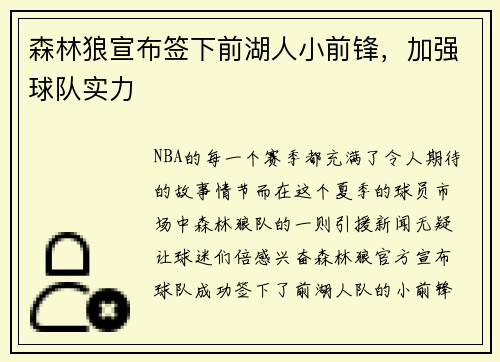 森林狼宣布签下前湖人小前锋，加强球队实力